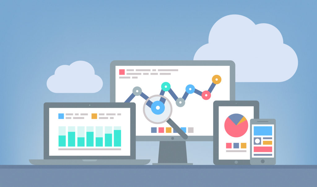 Flat design modern vector illustration concept of website google  analytics and SEO data analysis using modern electronic and mobile devices. Isolated on grey background